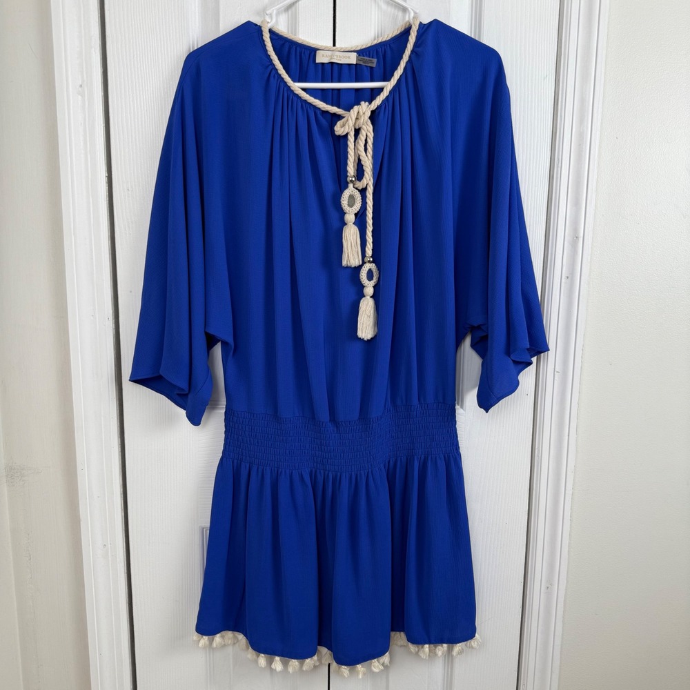 Ramy Brook‎ Womens Cobalt Blue Smocked Tassel Cover up XXS Boho Coastal Resort